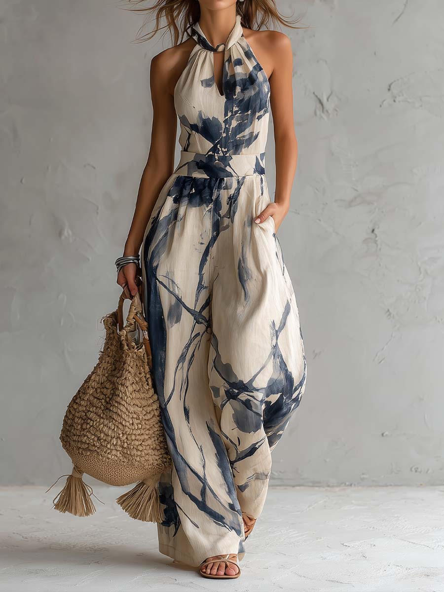 Lila Tintenwasch-Print Weitbeiniger Jumpsuit