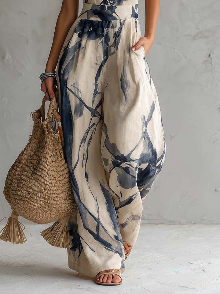 Lila Tintenwasch-Print Weitbeiniger Jumpsuit