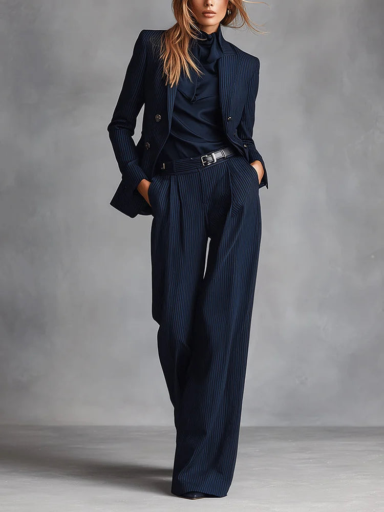 FORTUNATA - Completo doppiopetto donna righe blu navy classico
