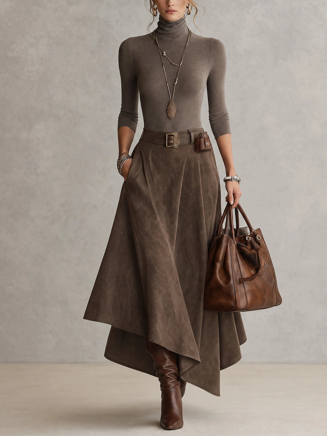 GIOCONDA - Set taupe top alto gonna suede asimmetrica cintura
