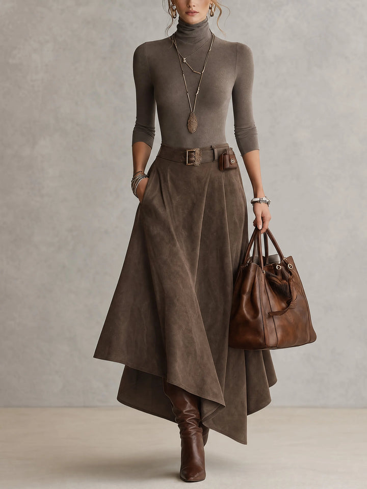GIOCONDA - Set taupe top alto gonna suede asimmetrica cintura