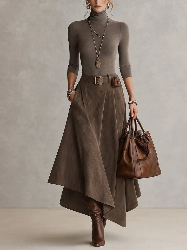GIOCONDA - Set taupe top alto gonna suede asimmetrica cintura