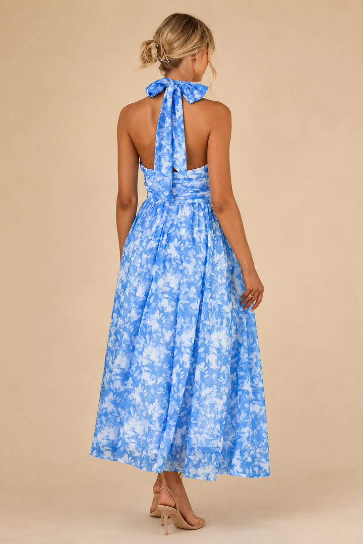 Esther | Kauluksellinen halterneck-mekko, akvarellikuvio