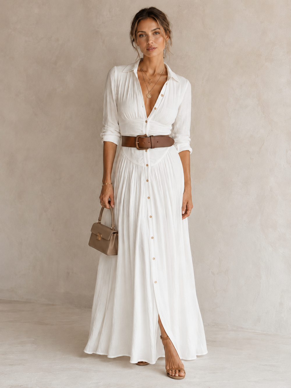 Alma | Abito maxi fluido con collo rever e maniche lunghe