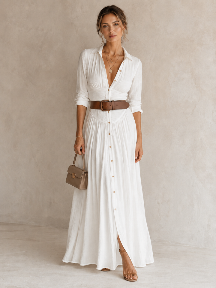 Alma | Abito maxi fluido con collo rever e maniche lunghe