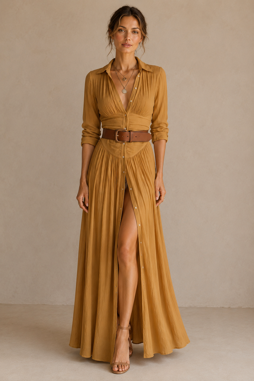 Alma | Abito maxi fluido con collo rever e maniche lunghe