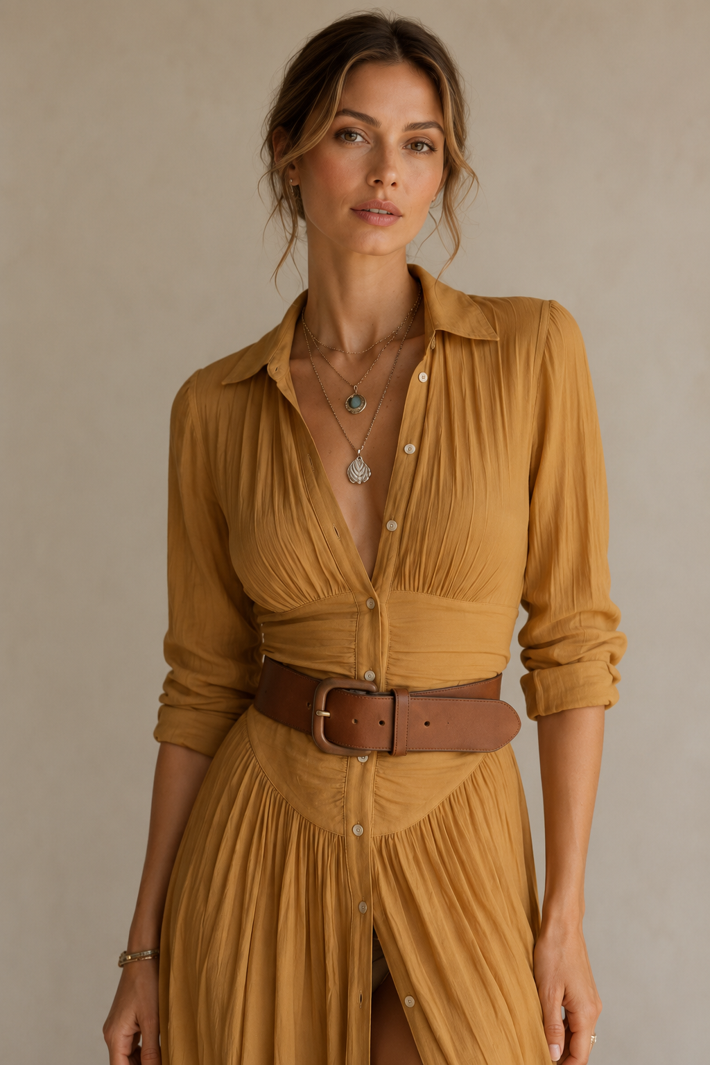 Alma | Abito maxi fluido con collo rever e maniche lunghe