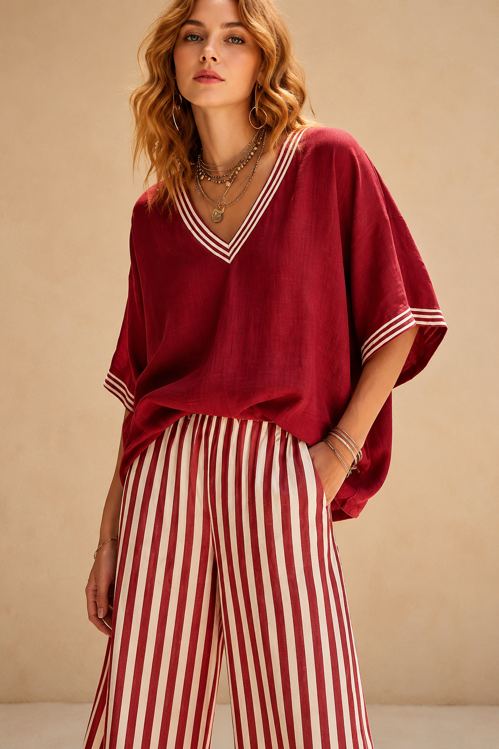 Sari | Conjunto com blusa e calças às riscas