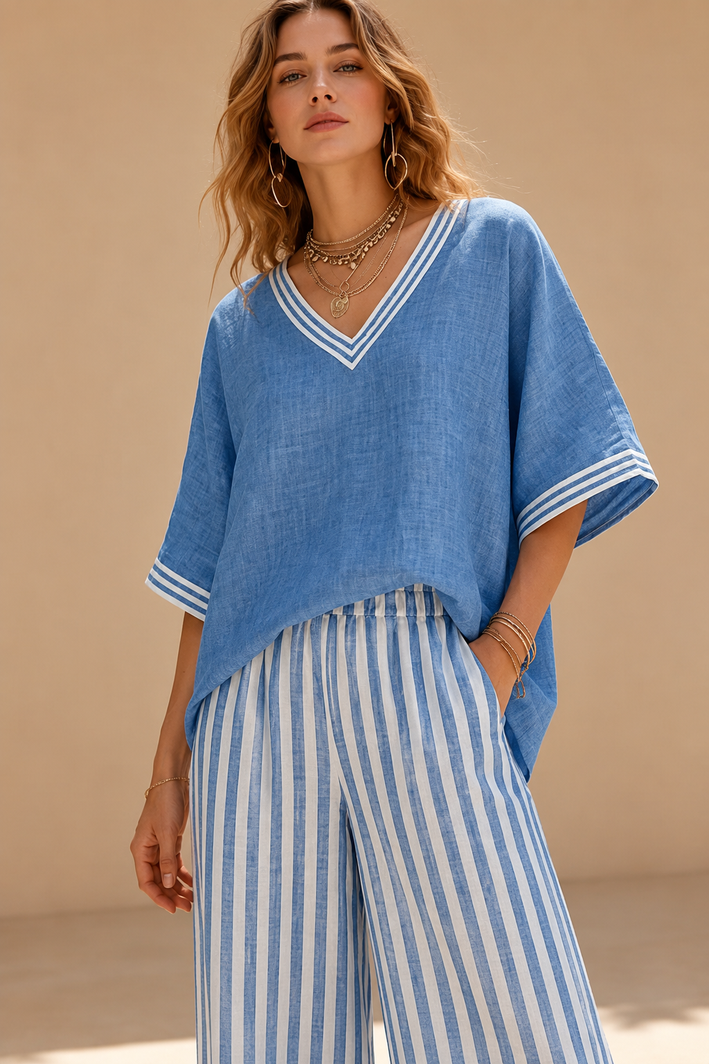 Sari | Conjunto com blusa e calças às riscas