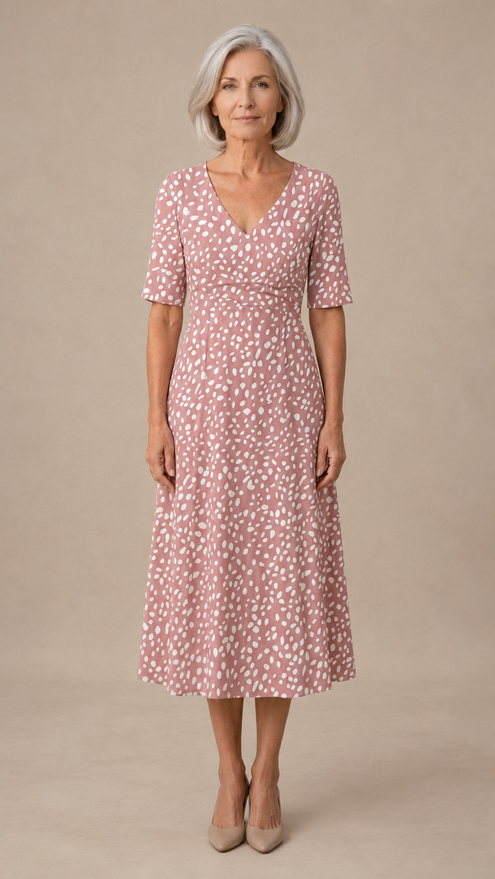 Colette | Polka-dot-kuvioinen, muotoileva midimekko juoksevalla leikkauksella