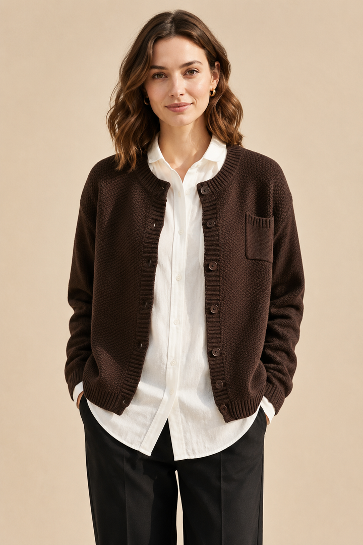 Women’s Knitted Cardigan with Round Neck and Button Front