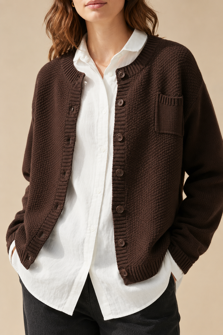 Women’s Knitted Cardigan with Round Neck and Button Front