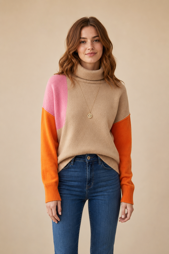 Women’s Knit Sweater with High Collar and Ribbed Cuffs