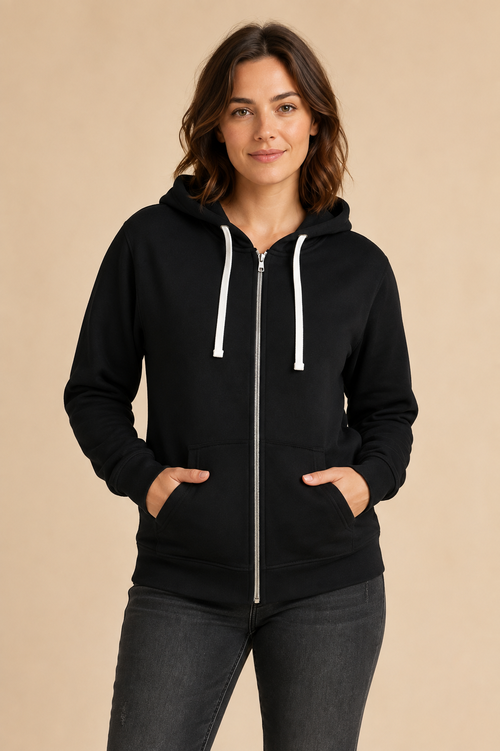 Women’s Zip Hoodie with Drawstring Hood and Front Pockets