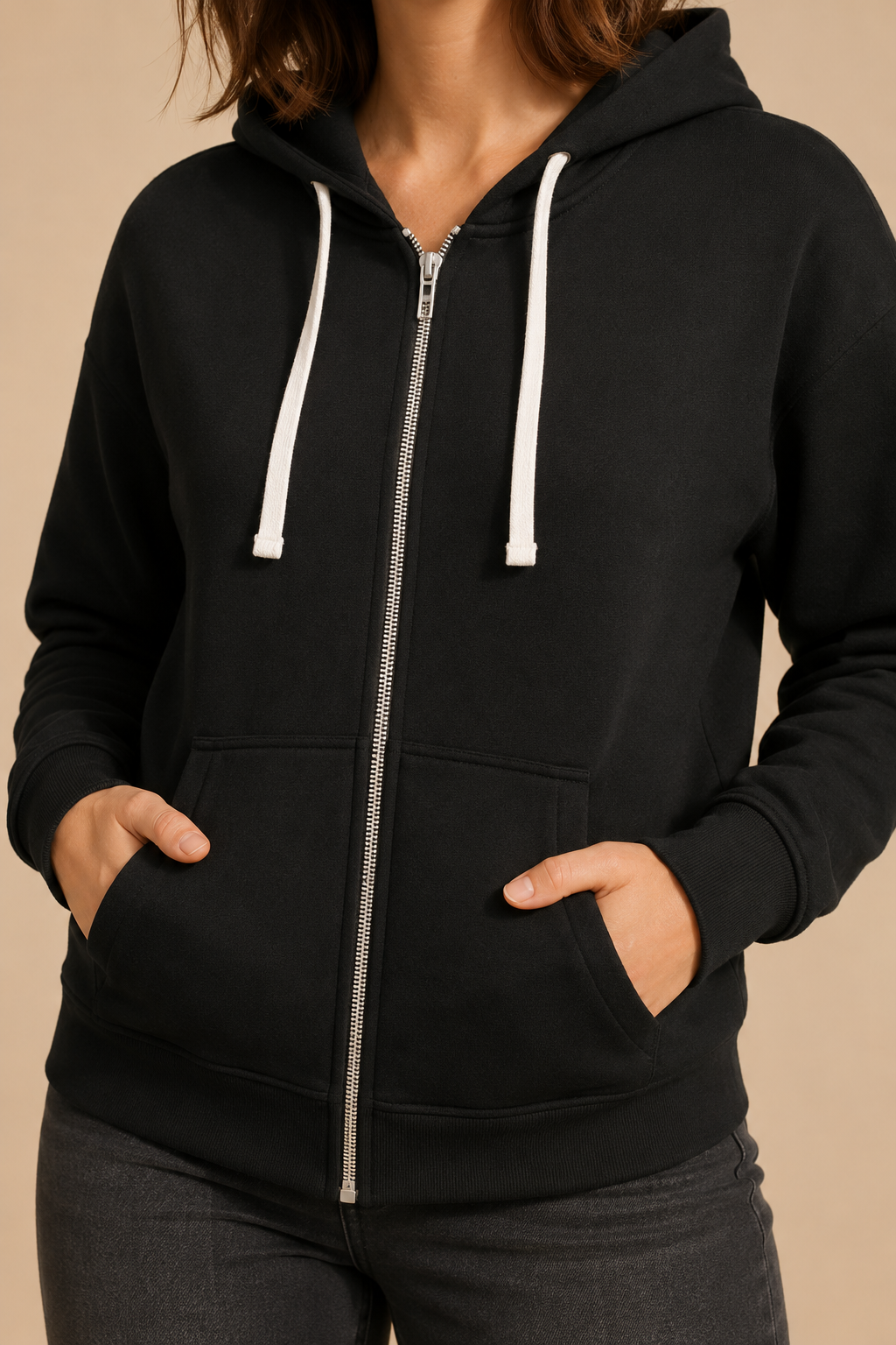 Women’s Zip Hoodie with Drawstring Hood and Front Pockets