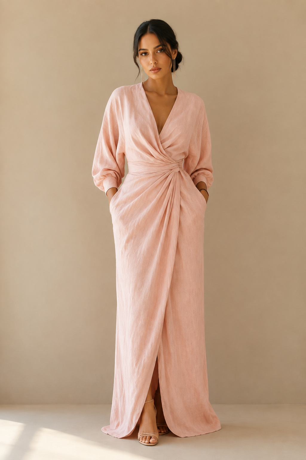 Rosa Leinen Maxi Kleid V-Hals