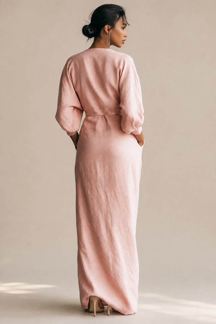 Rosa Leinen Maxi Kleid V-Hals