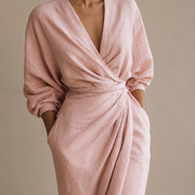 Rosa Leinen Maxi Kleid V-Hals