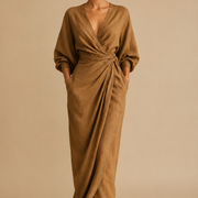 Rosa Leinen Maxi Kleid V-Hals