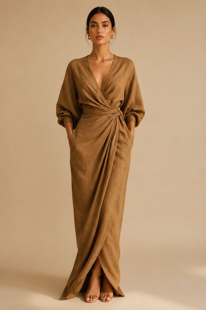 Rosa Leinen Maxi Kleid V-Hals