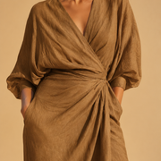 Rosa Leinen Maxi Kleid V-Hals
