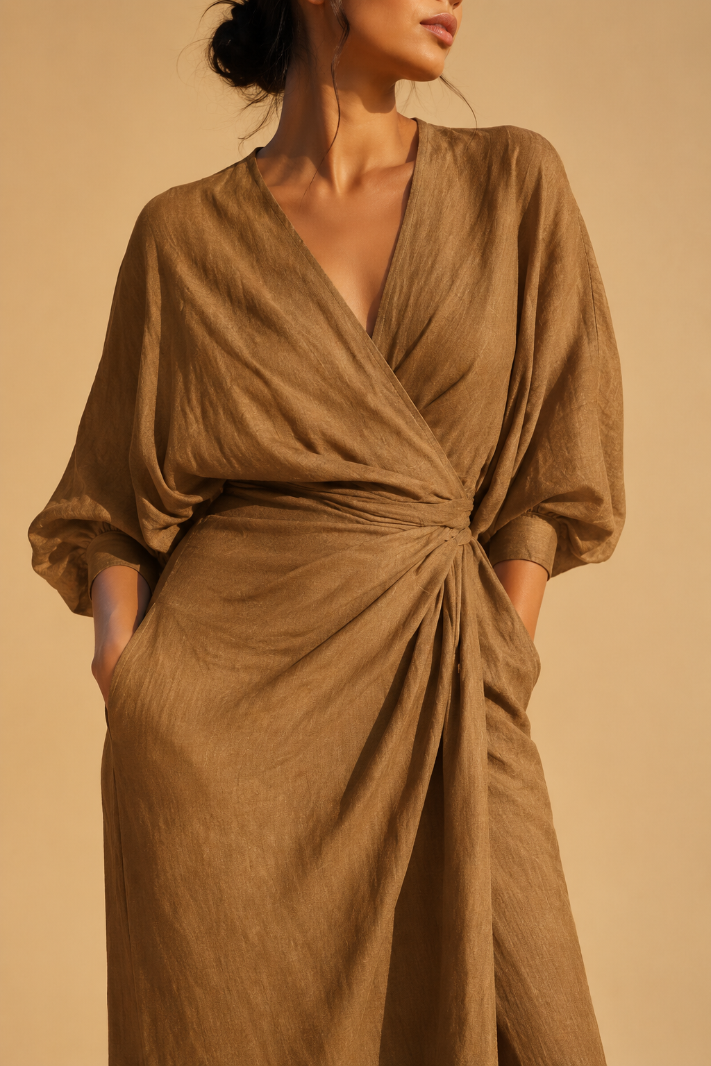 Rosa Leinen Maxi Kleid V-Hals