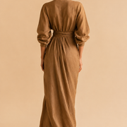 Rosa Leinen Maxi Kleid V-Hals