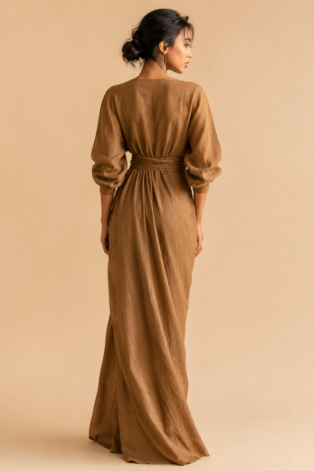 Rosa Leinen Maxi Kleid V-Hals