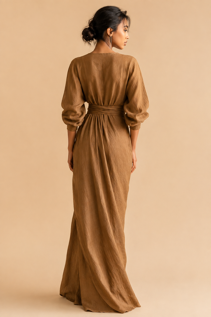 Rosa Leinen Maxi Kleid V-Hals