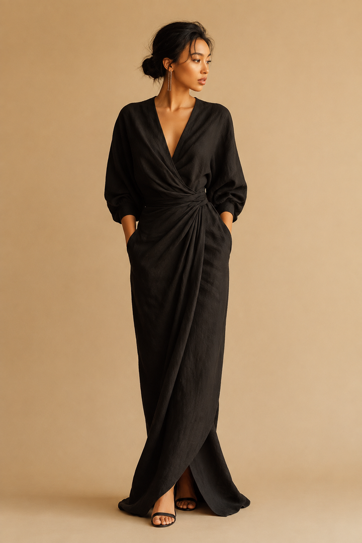 Rosa Leinen Maxi Kleid V-Hals