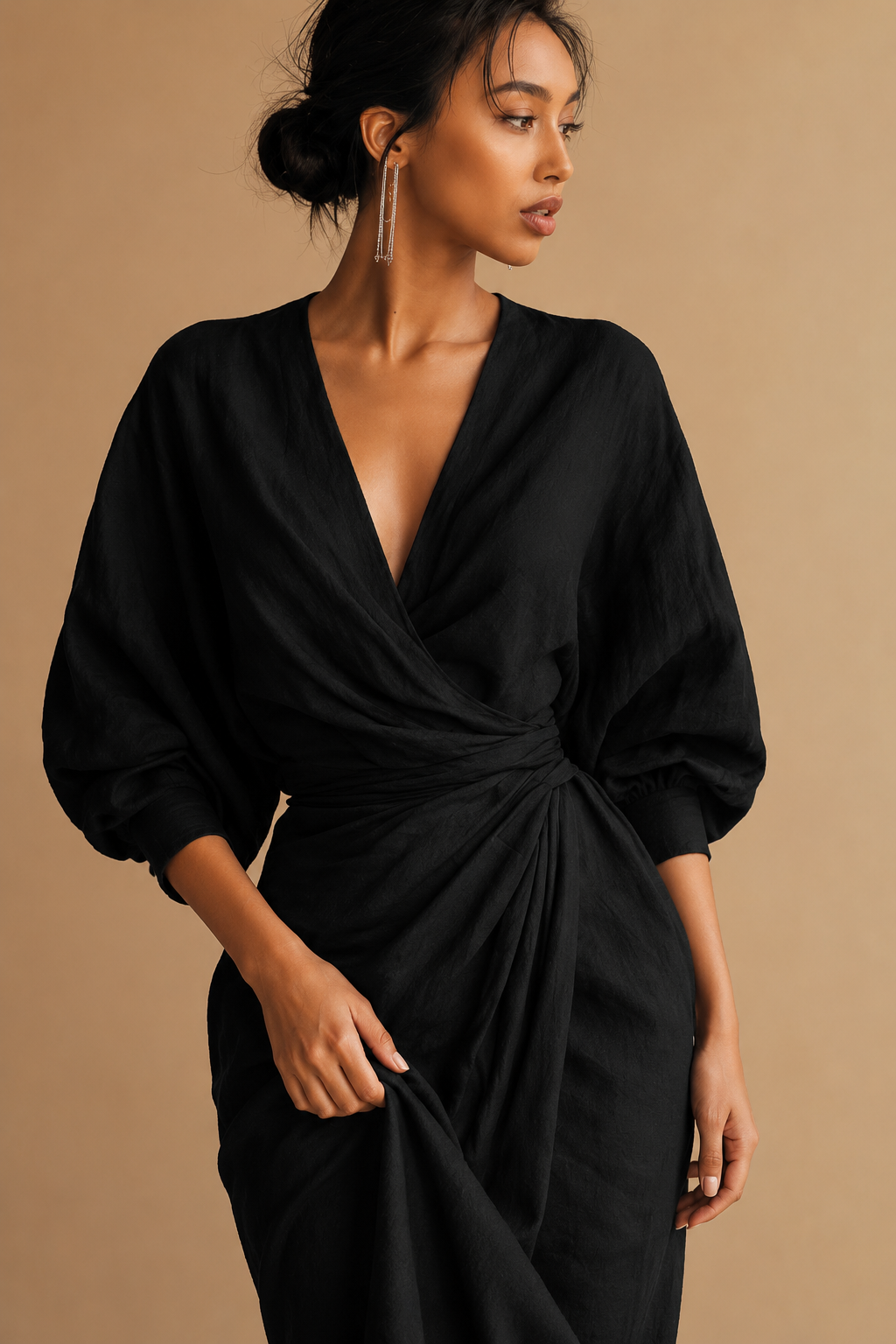 Rosa Leinen Maxi Kleid V-Hals