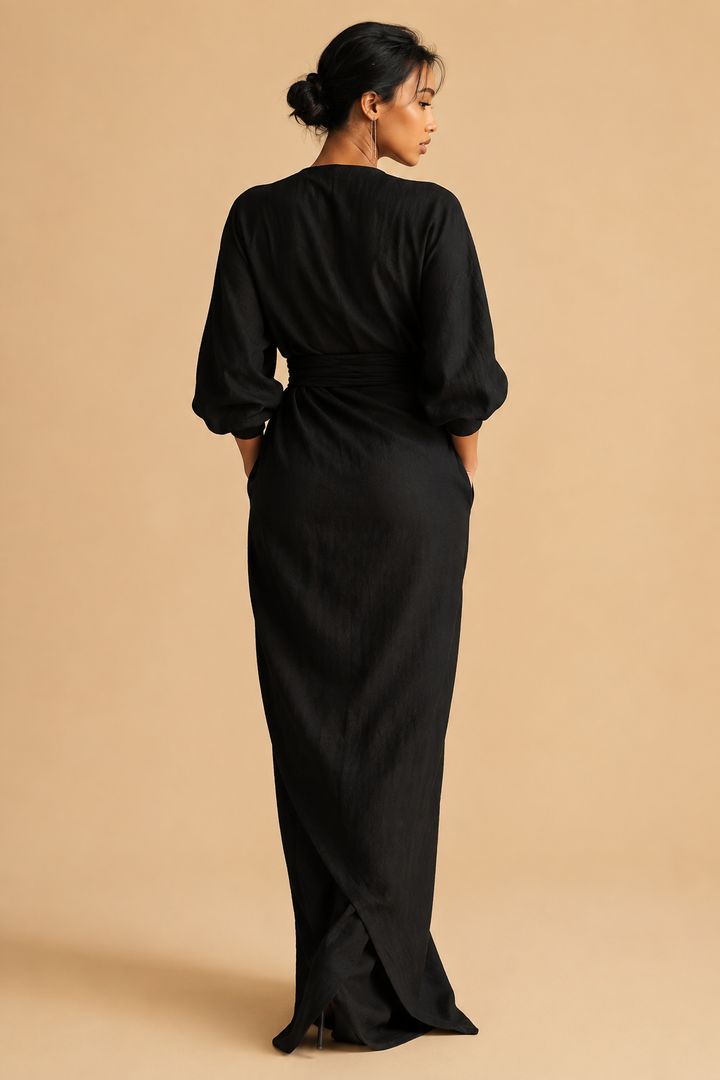 Rosa Leinen Maxi Kleid V-Hals