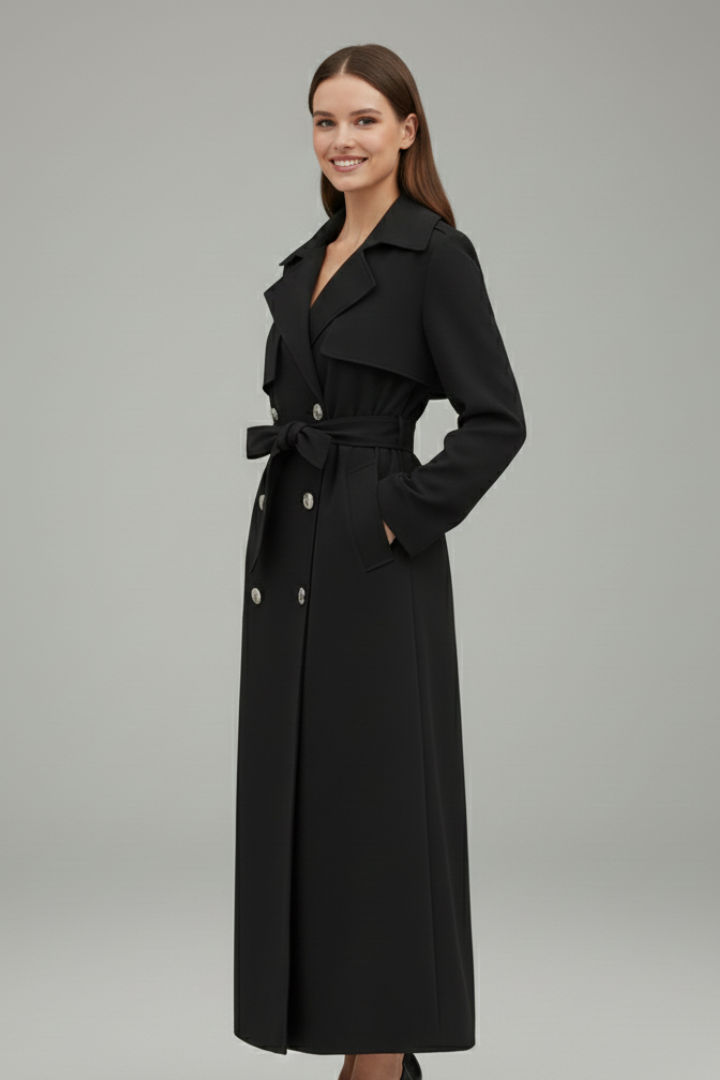 Women Long Trench Coat with Belt and Buttons
