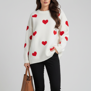 Women’s Knit Jumper with Round Neck and Heart Pattern