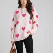 Women’s Knit Jumper with Round Neck and Heart Pattern
