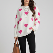 Women’s Knit Jumper with Round Neck and Heart Pattern