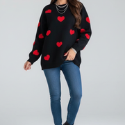 Women’s Knit Jumper with Round Neck and Heart Pattern