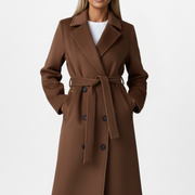 Women’s Long Coat with Belt and Double-Breasted Front