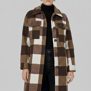 Women’s Long Coat with Button Front and Checked Woven Surface