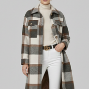 Women’s Long Coat with Button Front and Checked Woven Surface
