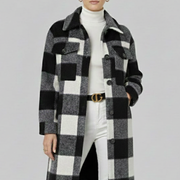 Women’s Long Coat with Button Front and Checked Woven Surface