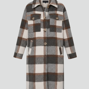 Women’s Long Coat with Button Front and Checked Woven Surface