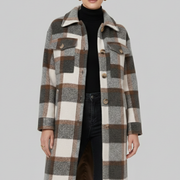 Women’s Long Coat with Button Front and Checked Woven Surface