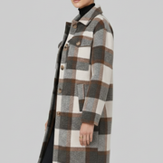 Women’s Long Coat with Button Front and Checked Woven Surface