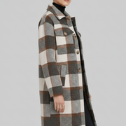 Women’s Long Coat with Button Front and Checked Woven Surface