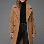 Women’s Long Coat with Lapel Collar and Textured Surface