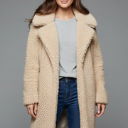 Women’s Long Coat with Lapel Collar and Textured Surface
