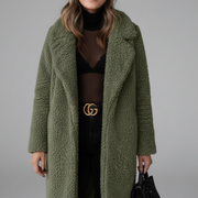Women’s Long Coat with Lapel Collar and Textured Surface