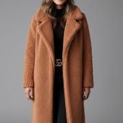 Women’s Long Coat with Lapel Collar and Textured Surface