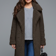 Women’s Long Coat with Lapel Collar and Textured Surface